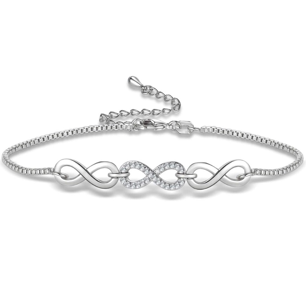 Infinity Bracelet 18k White Gold Plated Cubic Zirconia Hypoallergenic 3 Charms